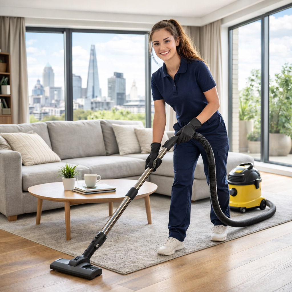 domestic cleaning services London professional cleaner vacuuming living room apartment